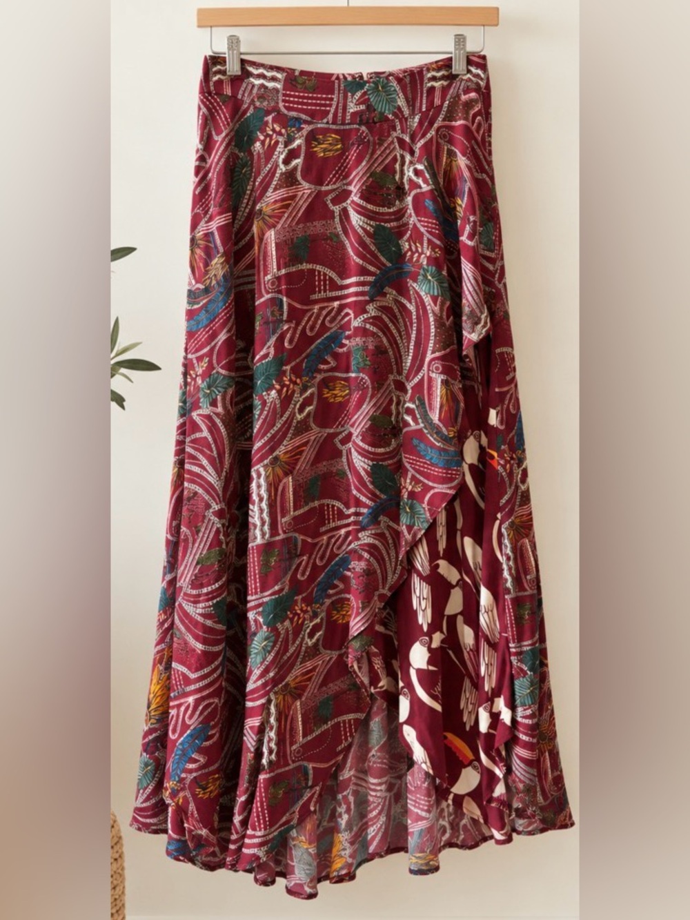 FARM Rio Burgundy Printed Layered Maxi Skirt with Teal and Mustard Accents
